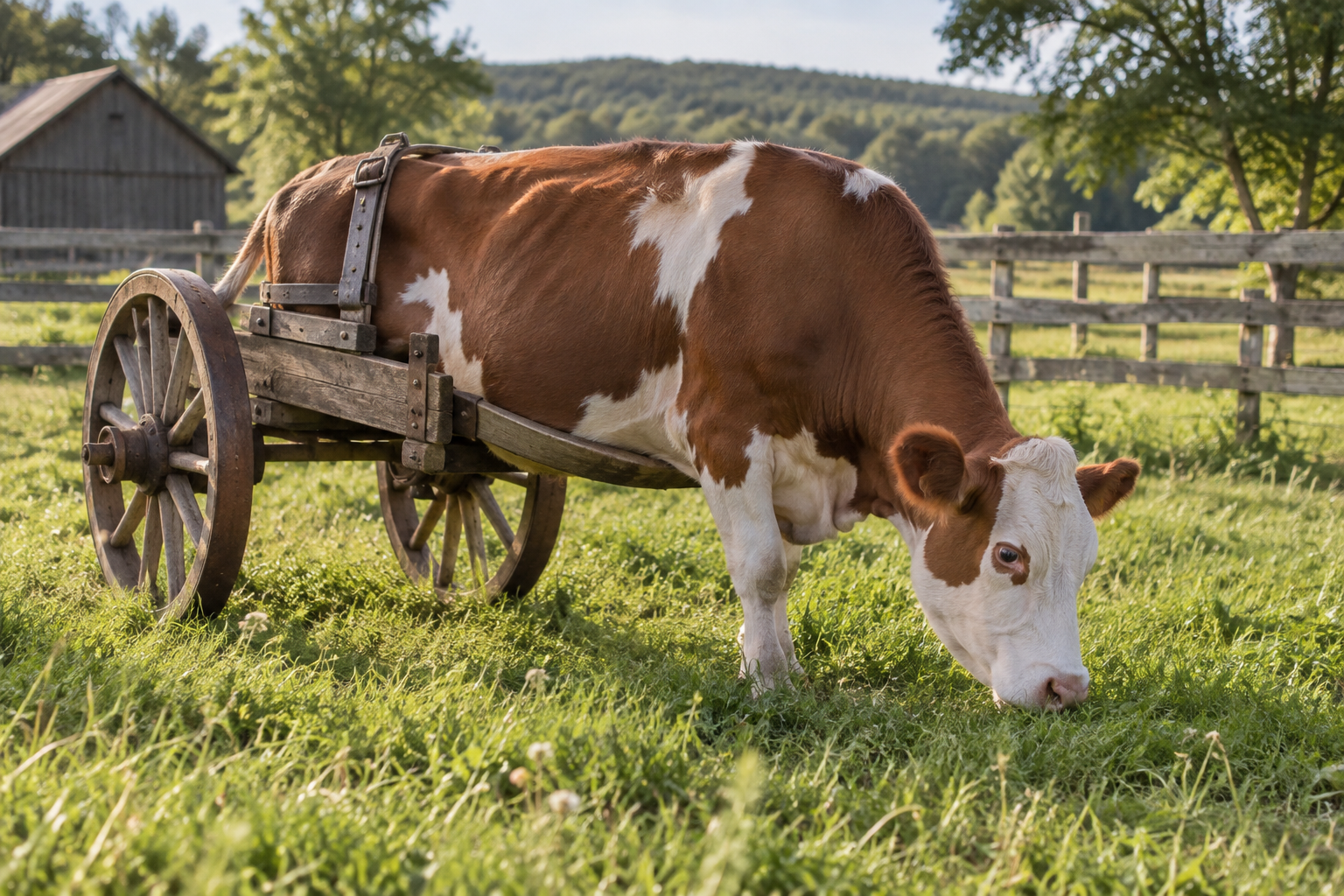 A harnessed donor cow grazing in the pasture